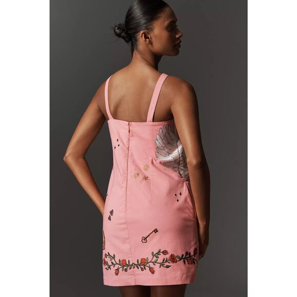 nwt ANTHROPOLOGIE MAEVE sz L Embroidered Swans Mini Shift dress pink - Picture 3 of 5